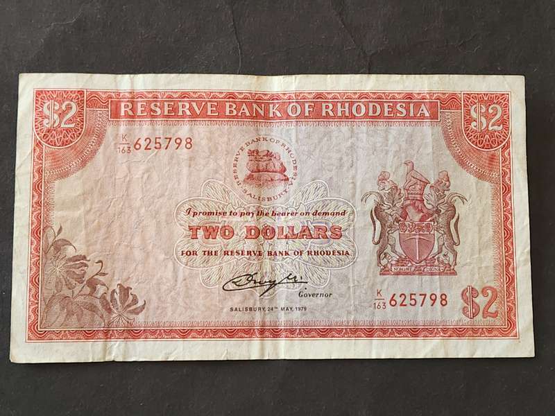 Reserve Bank of Rhodesia 2 Dollars Salisbury 24 May 1979 Bird Watermark