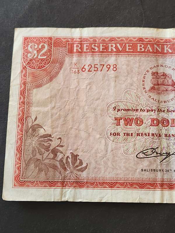 Reserve Bank of Rhodesia 2 Dollars Salisbury 24 May 1979 Bird Watermark