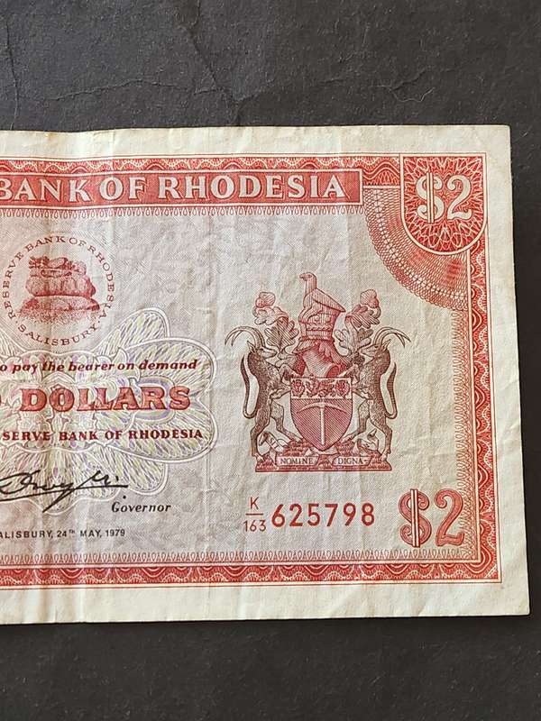 Reserve Bank of Rhodesia 2 Dollars Salisbury 24 May 1979 Bird Watermark