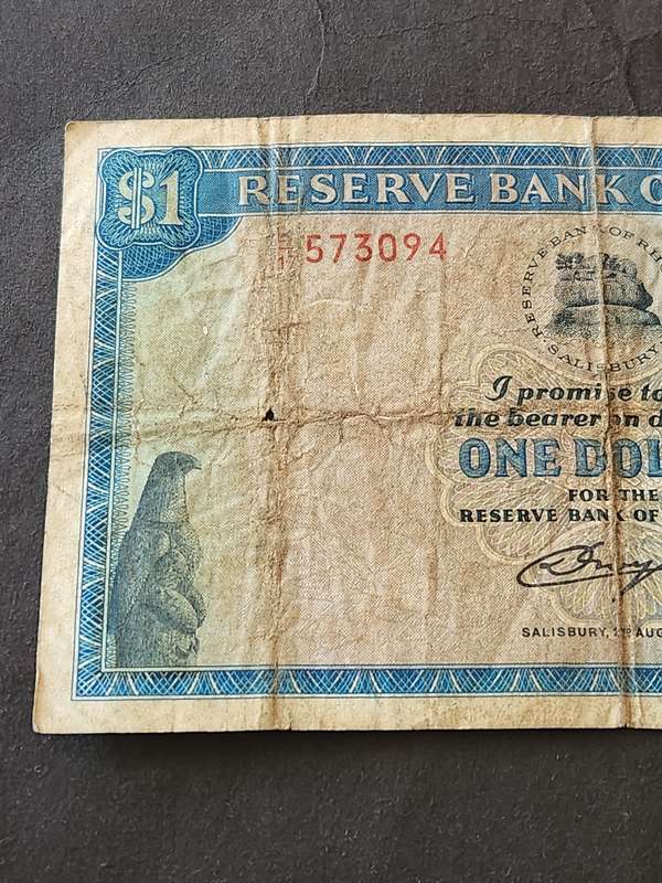 Reserve Bank of Rhodesia One Dollar Salisbury 2 August 1979 Bird Watermark