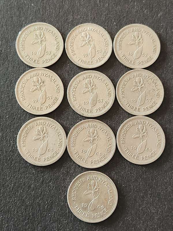 10 x Rhodesia and Nysaland Threepence (various dates)