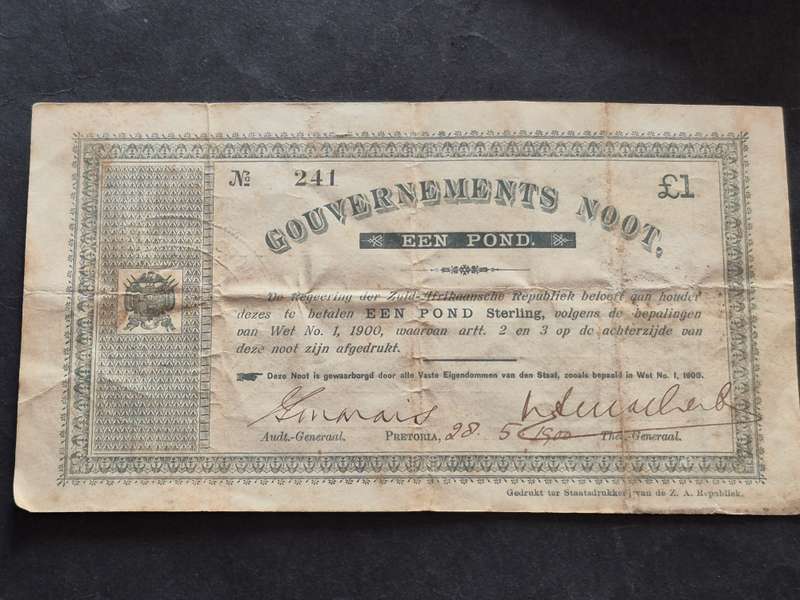 ZAR Een Pond Government Note 20.5.1900 signed by Auditor General J.S. Marais,Treasurer N.S. Malherbe