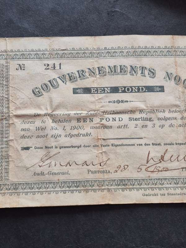 ZAR Een Pond Government Note 20.5.1900 signed by Auditor General J.S. Marais,Treasurer N.S. Malherbe
