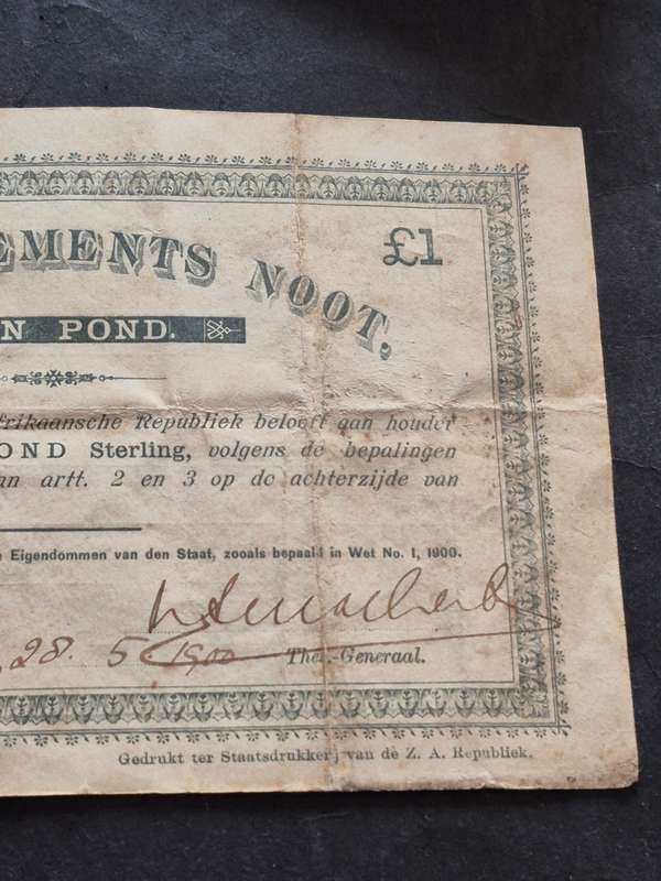 ZAR Een Pond Government Note 20.5.1900 signed by Auditor General J.S. Marais,Treasurer N.S. Malherbe