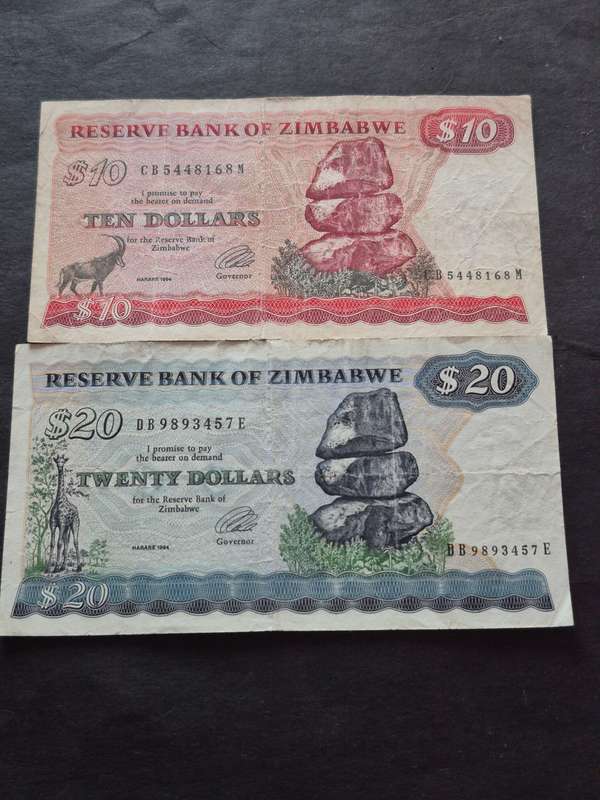 Reserve Bank of Zimbabwe 10 Dollars Harare 1994 and 20 Dollars Harare 1994