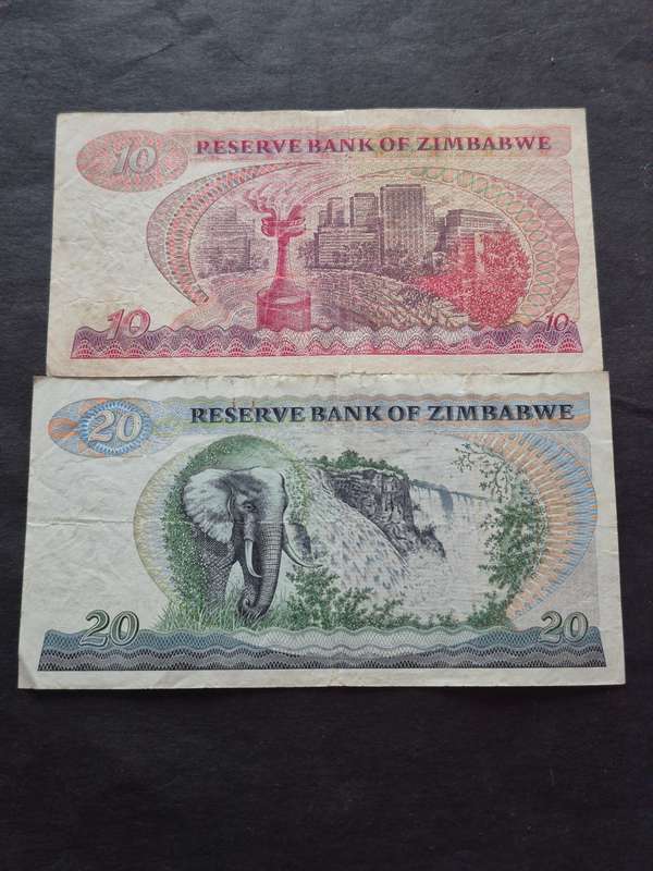 Reserve Bank of Zimbabwe 10 Dollars Harare 1994 and 20 Dollars Harare 1994