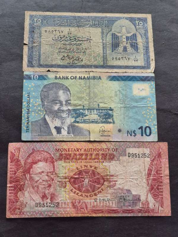 3 x Africa Notes, Egypt 25 Piastres,  Namibia 10 Dollars and Swaziland One Lilangeni