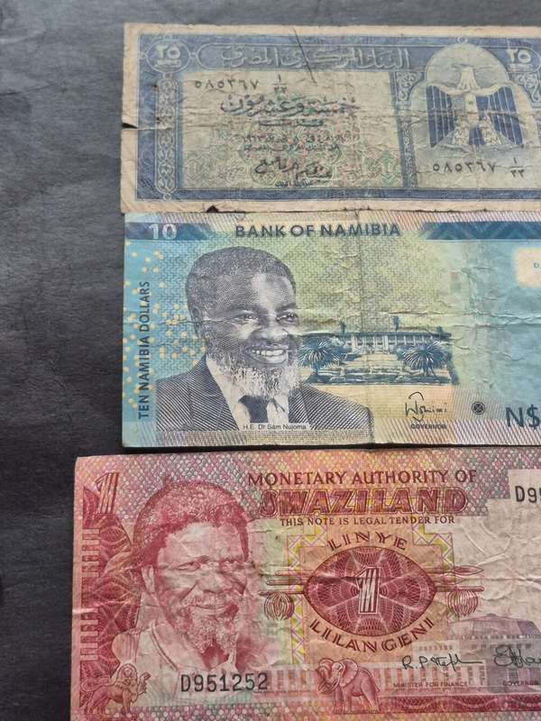 3 x Africa Notes, Egypt 25 Piastres,  Namibia 10 Dollars and Swaziland One Lilangeni