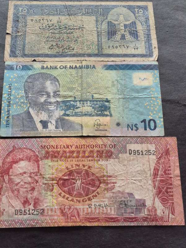 3 x Africa Notes, Egypt 25 Piastres,  Namibia 10 Dollars and Swaziland One Lilangeni