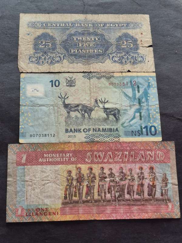 3 x Africa Notes, Egypt 25 Piastres,  Namibia 10 Dollars and Swaziland One Lilangeni