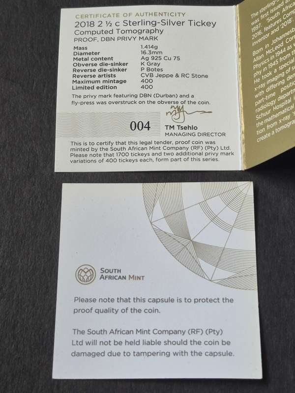 Silver Tickey 2 1/2 Cent Proof - 2018 Computed Tomography - Durban Fly Press