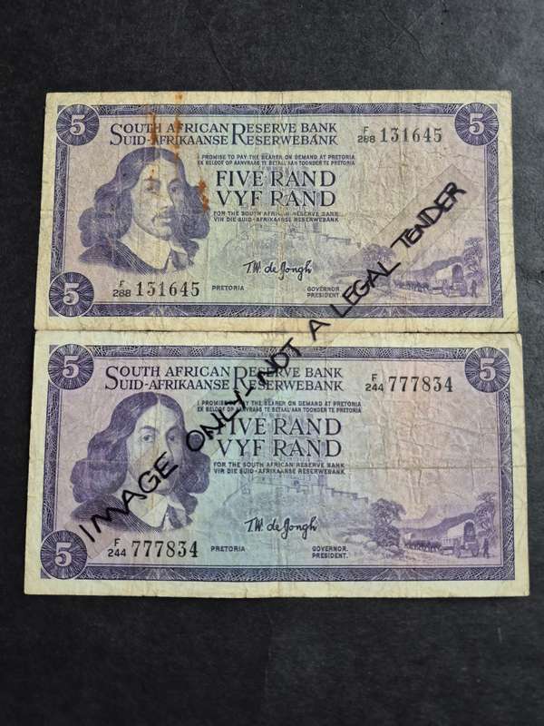 2 x TW de Jongh Five Rand 3rd issue 1975