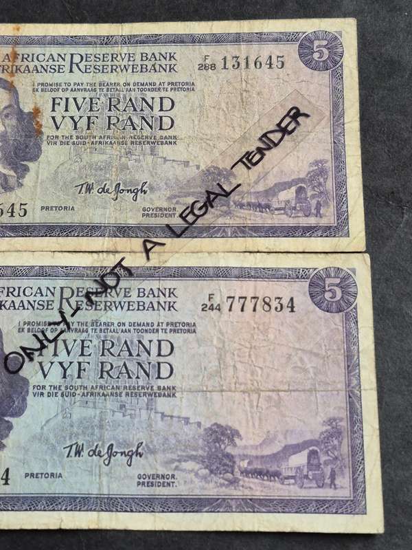 2 x TW de Jongh Five Rand 3rd issue 1975