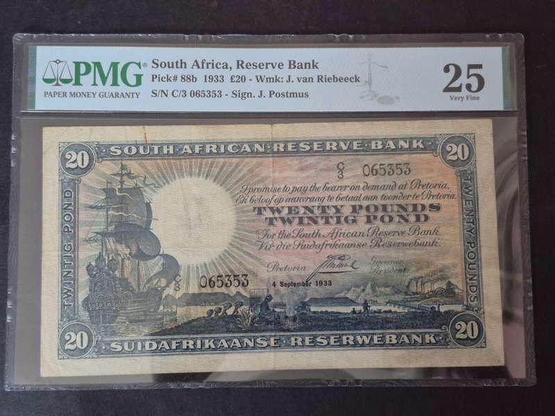 SA 20 Pounds 1933 J Postmus rare Bank Note 4 September 1933 E/A
