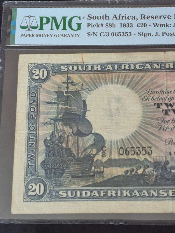 SA 20 Pounds 1933 J Postmus rare Bank Note 4 September 1933 E/A