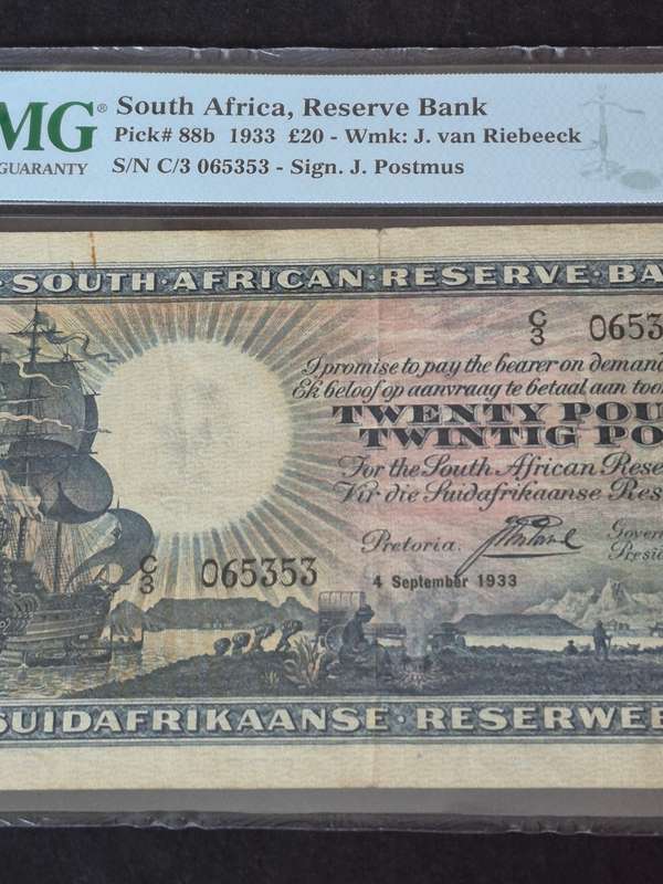 SA 20 Pounds 1933 J Postmus rare Bank Note 4 September 1933 E/A