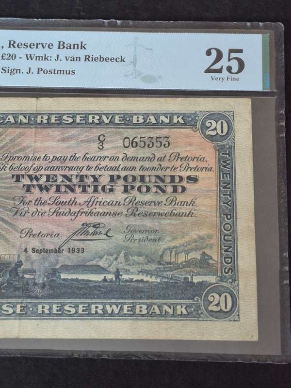SA 20 Pounds 1933 J Postmus rare Bank Note 4 September 1933 E/A