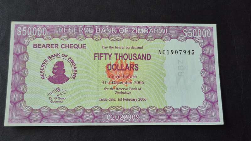 Reserve Bank of Zimbabwe Bearer Cheque 50 000 Dollars issue date 1 Feb 2006 (excellent condition)