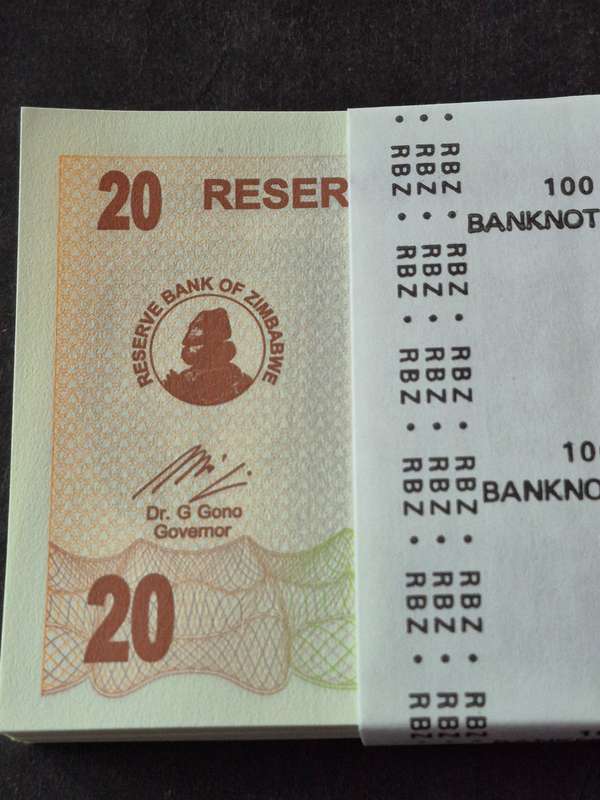 Reserve Bank of Zimbabwe 20 Dollar Bearer Cheque 100 consecutive numbers 31 July 2007