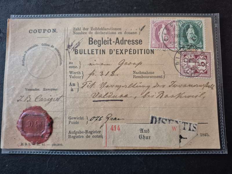 Switzerland "Coupon" 1883 with 5 & 25 Rappen & One Frank Stamps - used with Disentis Postmark