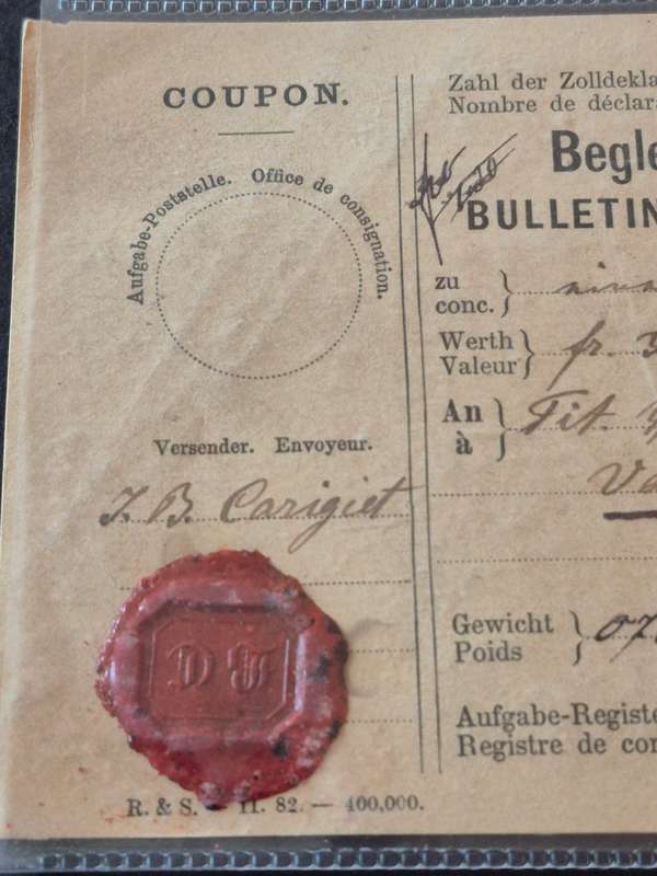 Switzerland "Coupon" 1883 with 5 & 25 Rappen & One Frank Stamps - used with Disentis Postmark