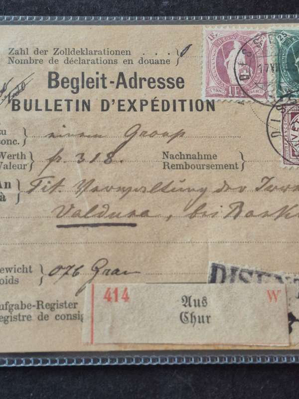 Switzerland "Coupon" 1883 with 5 & 25 Rappen & One Frank Stamps - used with Disentis Postmark