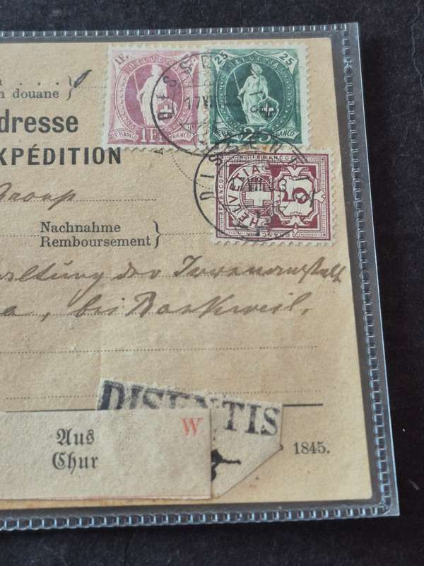Switzerland "Coupon" 1883 with 5 & 25 Rappen & One Frank Stamps - used with Disentis Postmark