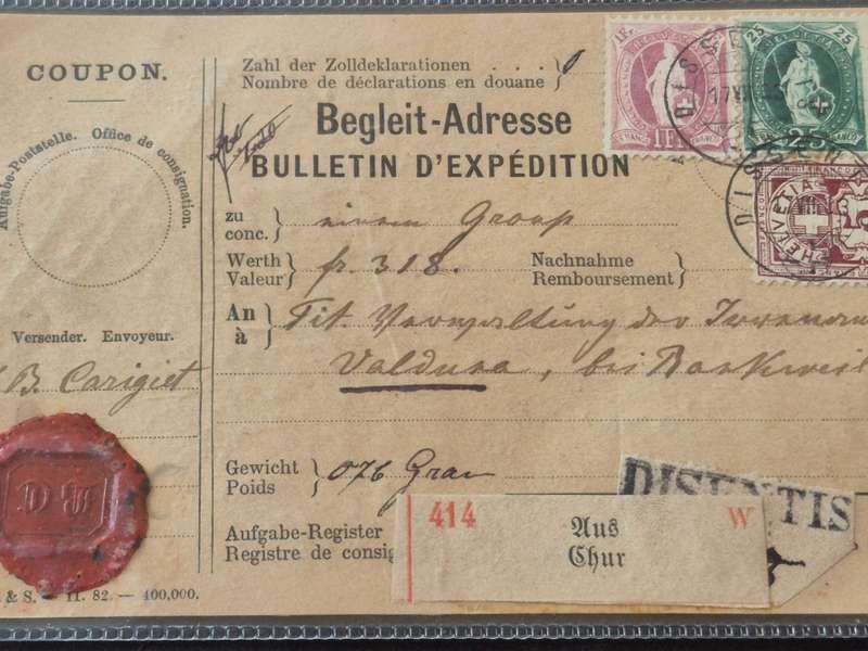 Switzerland "Coupon" 1883 with 5 & 25 Rappen & One Frank Stamps - used with Disentis Postmark