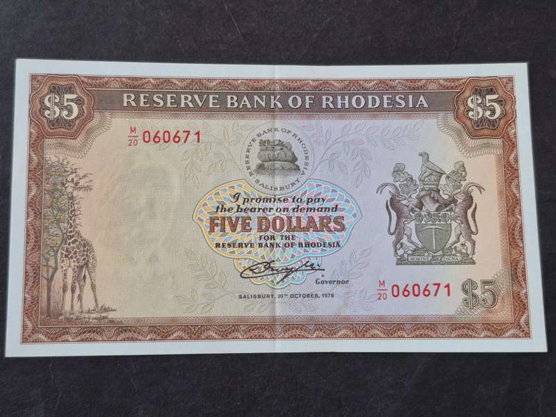 Reserve Bank of Rhodesia 5 Dollars Rhodes Watermark Salisbury 20 October 1978 UNC