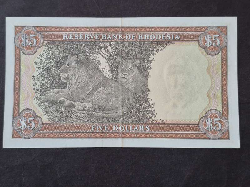 Reserve Bank of Rhodesia 5 Dollars Rhodes Watermark Salisbury 20 October 1978 UNC