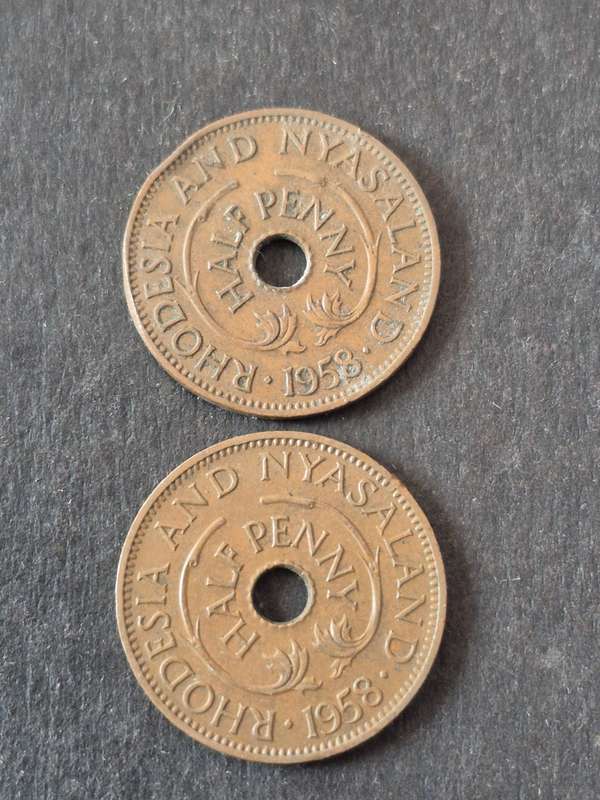 2 x Rhodesia Nysaland 1/2 Pennies 1958