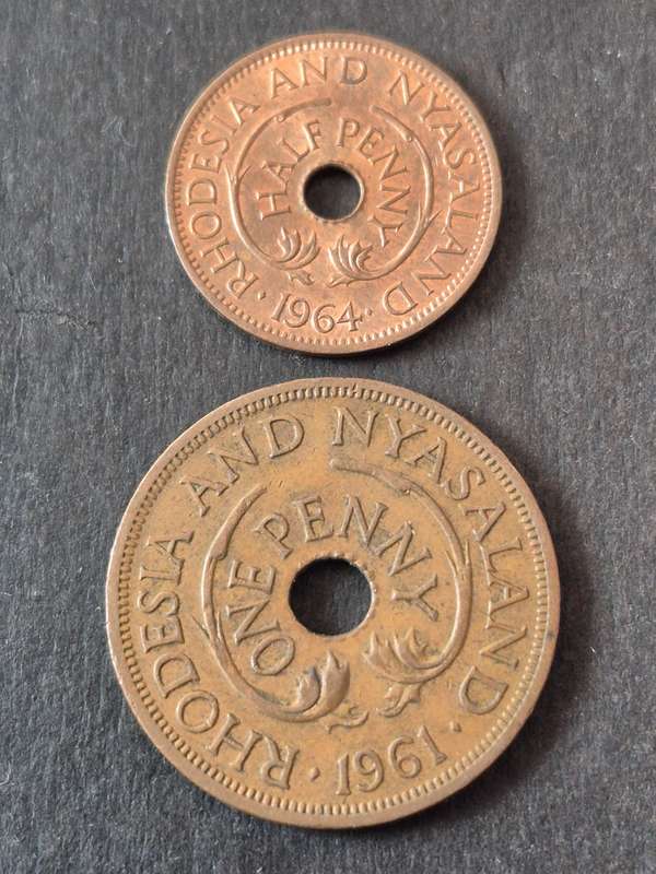 Rhodesia and Nysaland 1/2 Penny 1964 and One Penny 1961