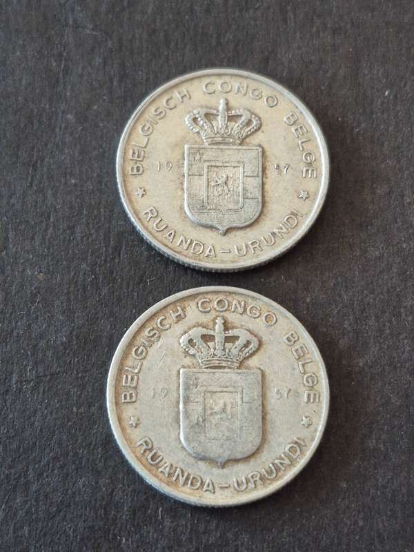 2 x Belgium Congo One Franc 1957