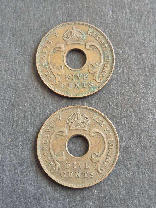 2 x East Africa 5 Cents 1924/1925