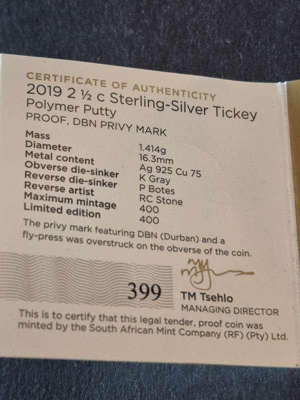 2019 2 1/2 Cents Sterling Silver Tickey Polymer Putty Proof Durban Privy Mark