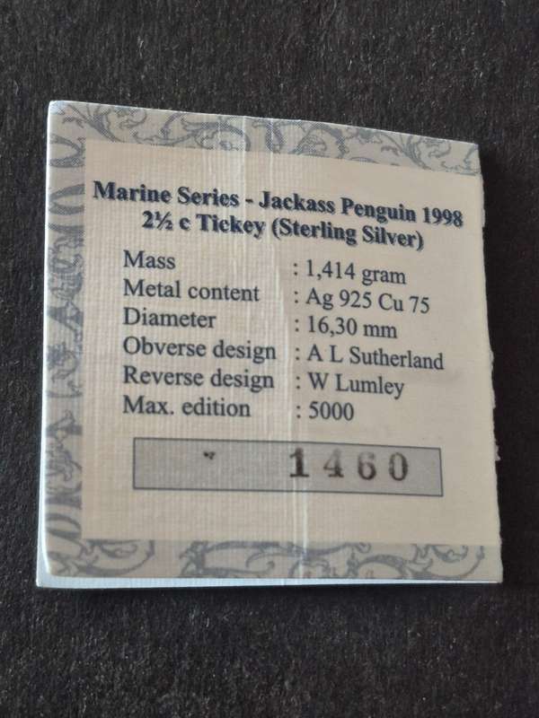 SS Mint Marine Series Jackass Penguin 1998 2 1/2c Tickey Sterling Silver