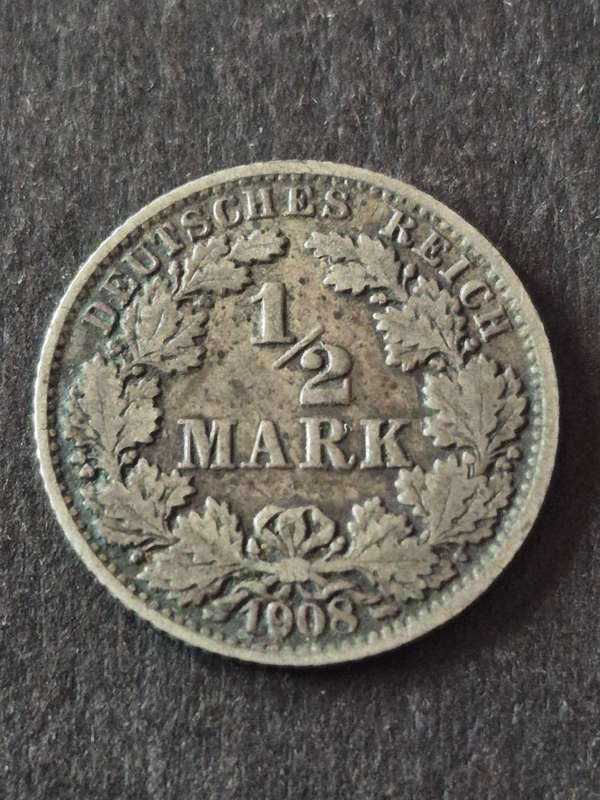 Deutsches Reich 1/2 Mark 1908 Silver