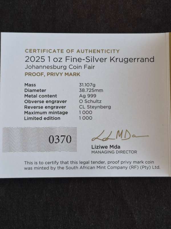 2025 Kruger Privy Mint Mark "Jhb" 1oz Fine Silver Proof