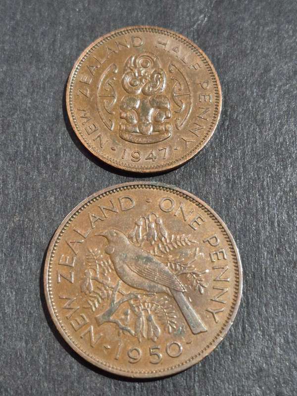 New Zealand 1/2 Penny 1947 and Penny 1950