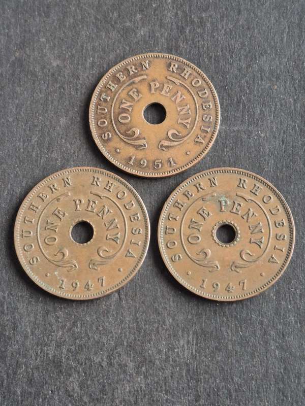 3 x Southern Rhodesia One Pennies,  1 by 1951 and 2 by 1947