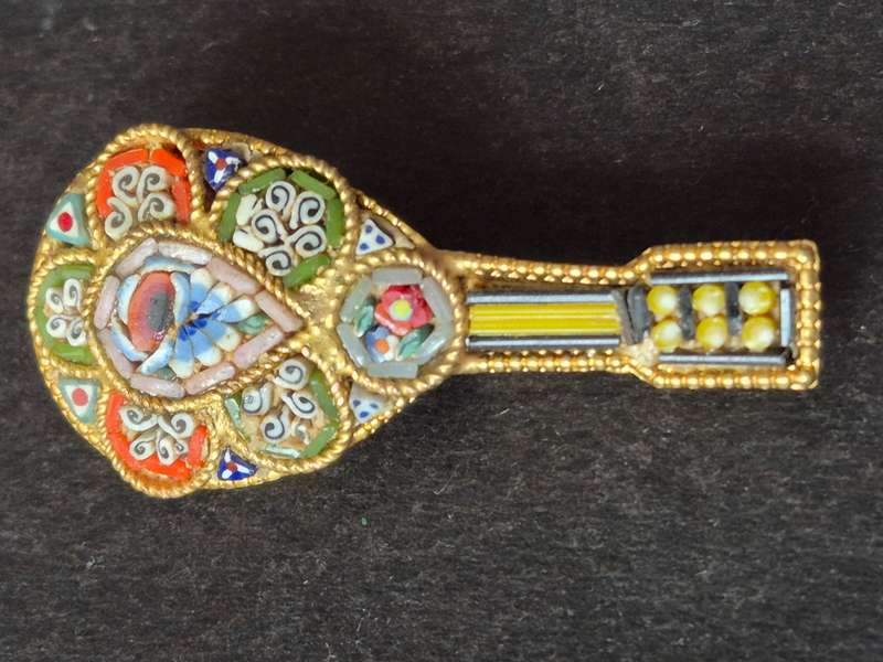 Vintage Micro Mosaic Glass Mandolin Handmade Italian Brooch Pin Millefiori Italy