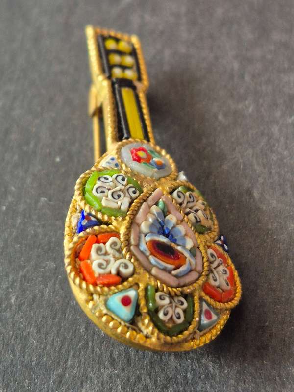Vintage Micro Mosaic Glass Mandolin Handmade Italian Brooch Pin Millefiori Italy