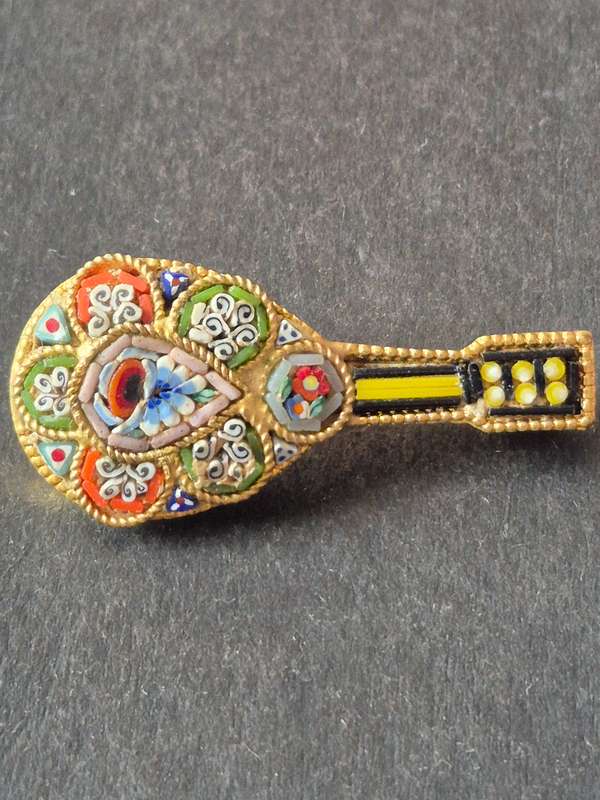 Vintage Micro Mosaic Glass Mandolin Handmade Italian Brooch Pin Millefiori Italy