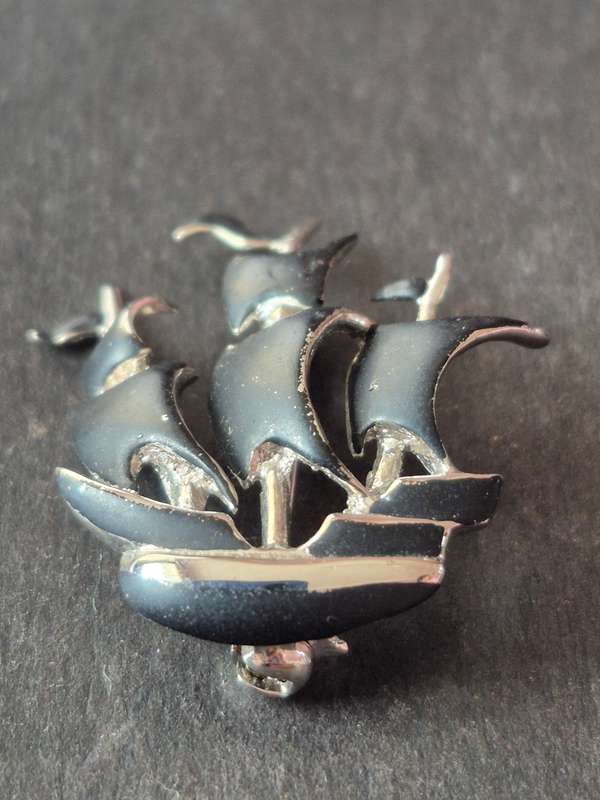 Black Enamel Sea Sail Boat Brooch