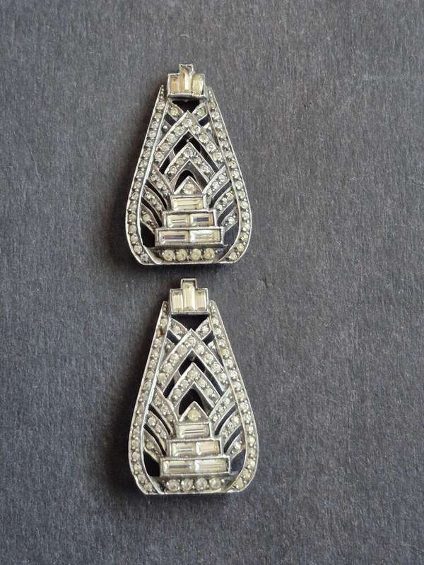 Art Deco Silver Dress Clip Earrings with Marcasite Stones stamped .935 total weight 14.3g