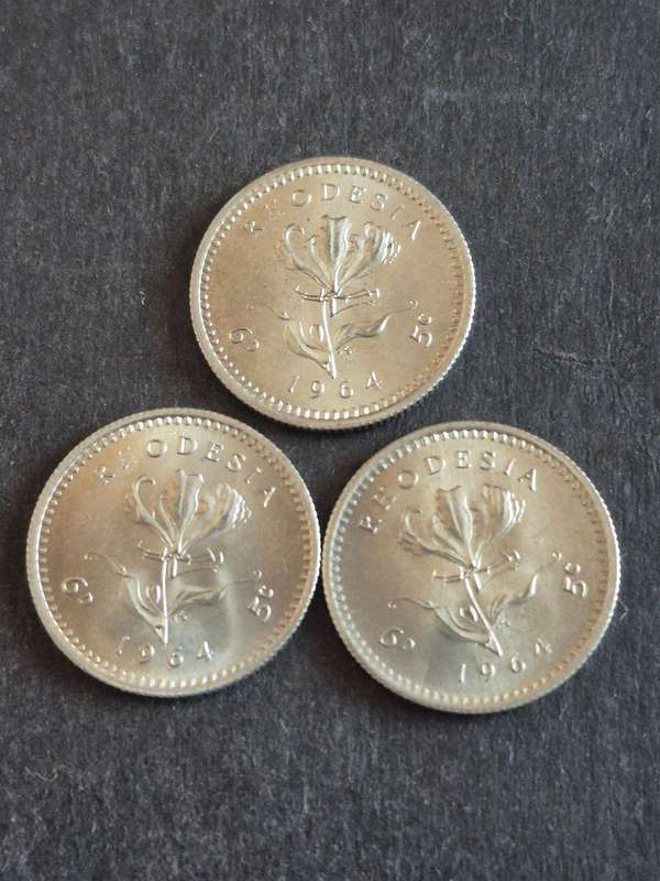 3 x Rhodesia Sixpence 1964 (excellent condition)