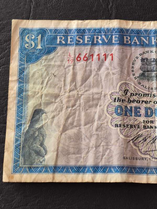 Reserve Bank of Rhodesia One Dollar Salisbury 1970 Rhodes Watermark