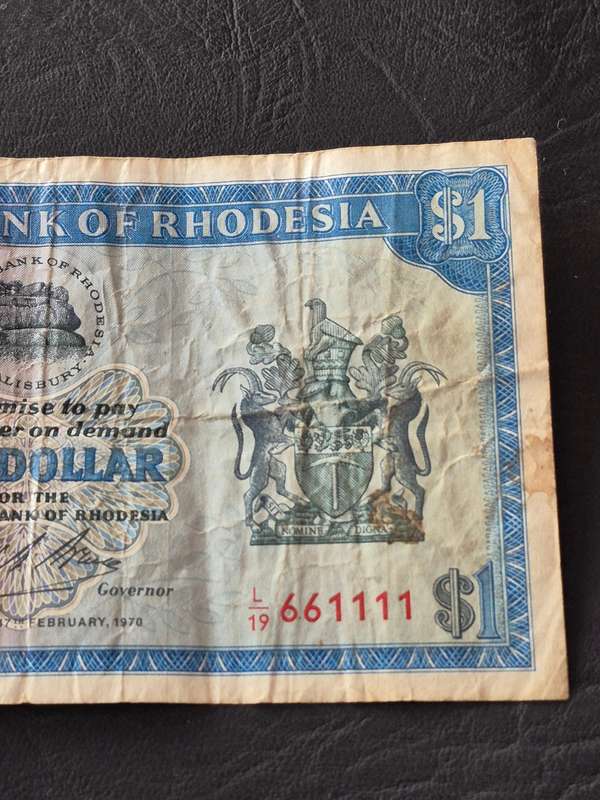 Reserve Bank of Rhodesia One Dollar Salisbury 1970 Rhodes Watermark