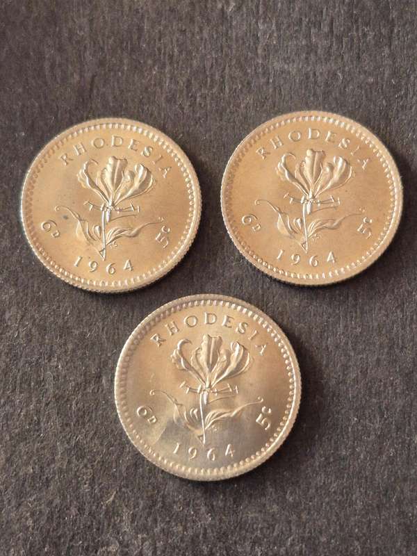 3 x Rhodesia 5 Cents 1964 UNC