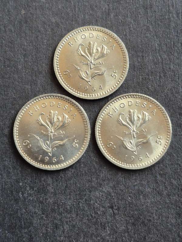 3 x Rhodesia 5 Cents 1964 UNC